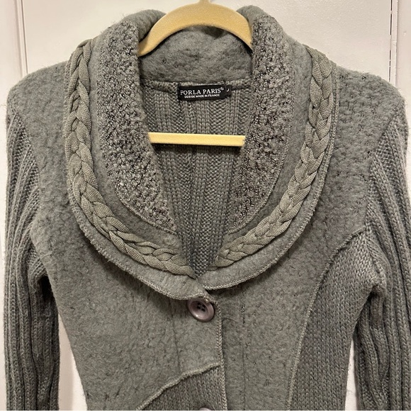 Forla Paris Gray Mixed Media Long Cardigan L Sweater Y2K 90s wool knit braid - Picture 2 of 9